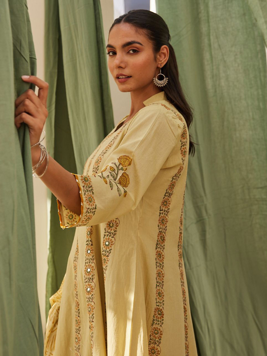 MAAND Hand Block Print Sequinned Pure Cotton Anarkali Kurta With Trousers & Dupatta