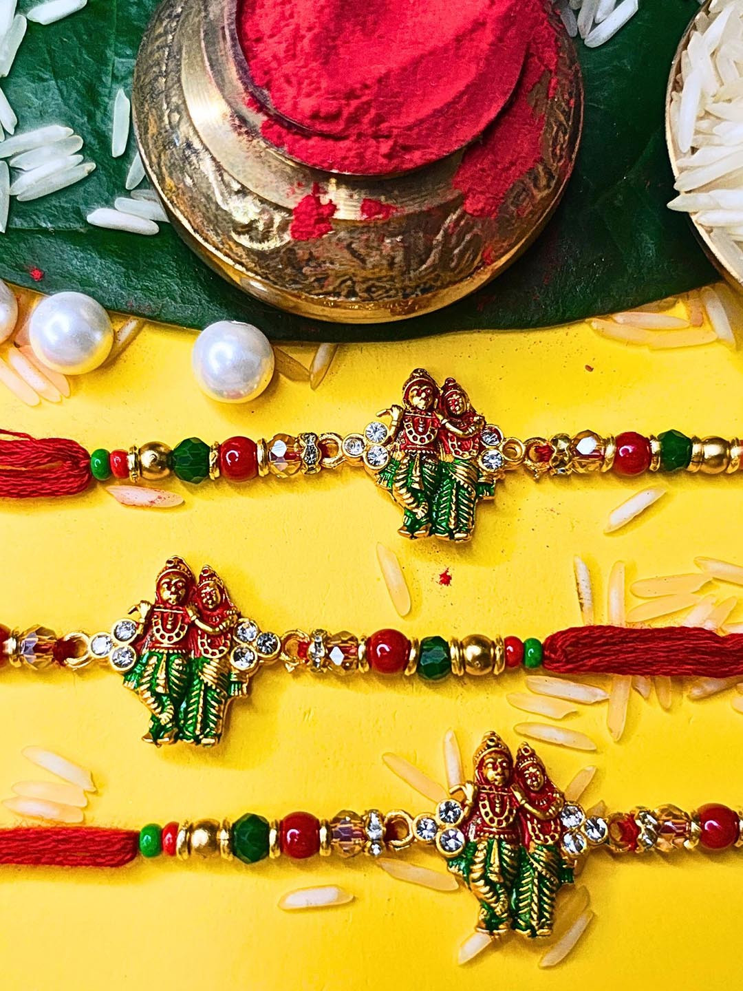 MANSIYAORANGE Set Of 3 AD Stones Studded & Beaded Cotton Thread Rakhi