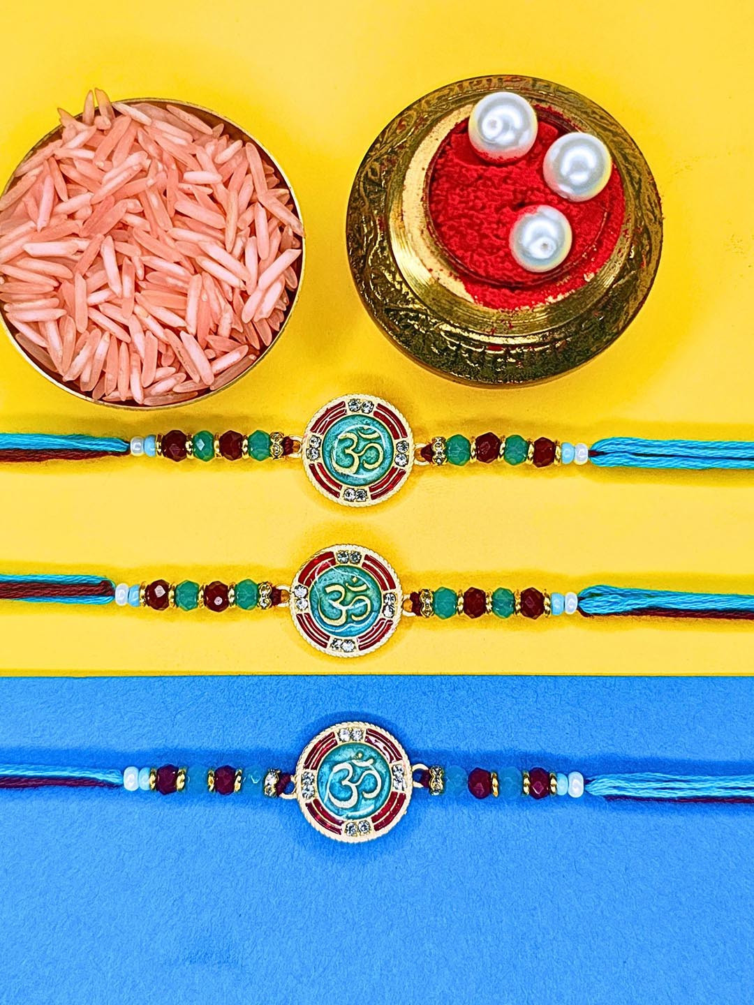 MANSIYAORANGE Set Of 3 AD Stones Studded & Beaded Cotton Thread Rakhi