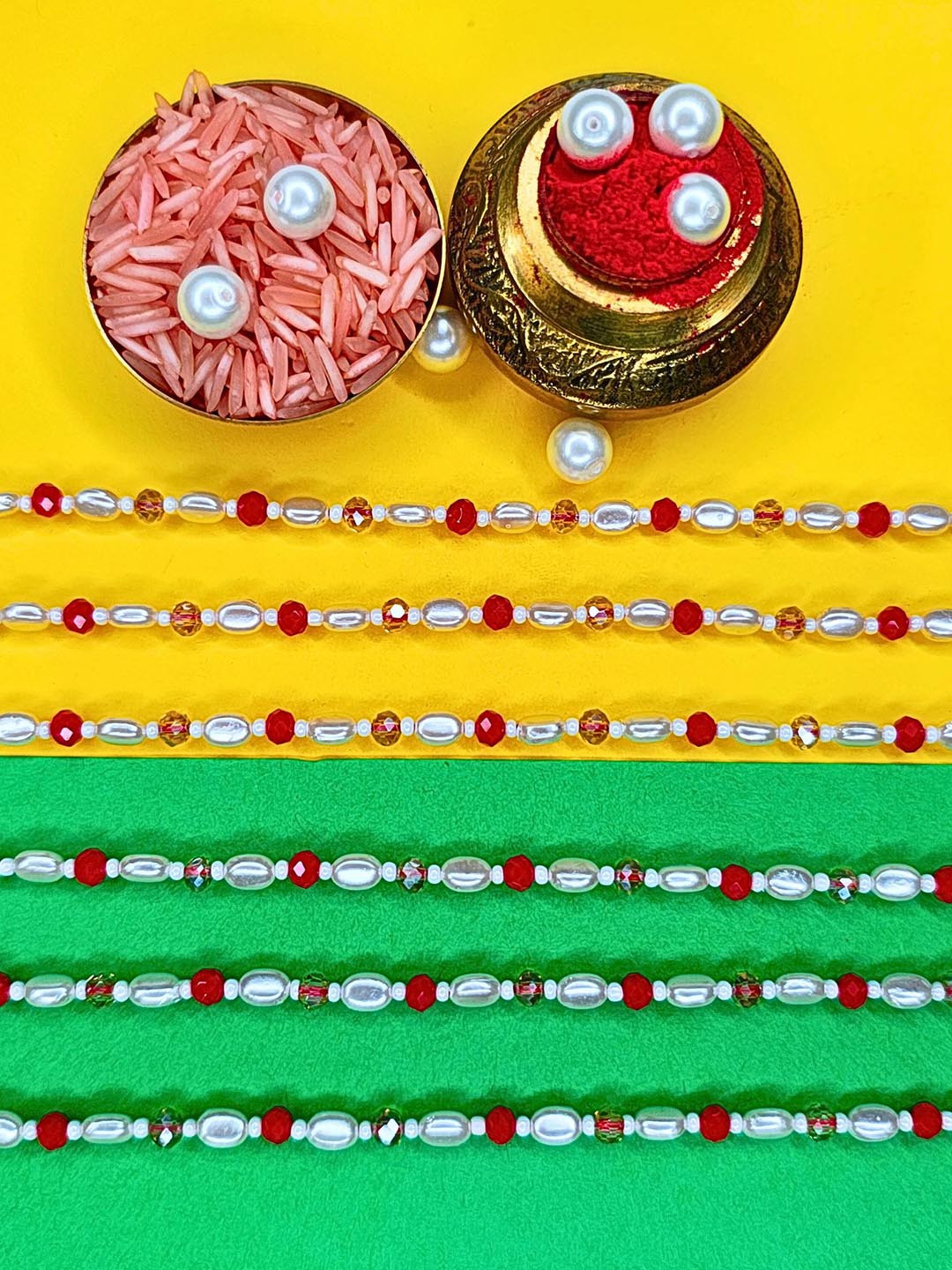 MANSIYAORANGE Set Of 6 AD Stones Studded & Beaded Cotton Thread Rakhi
