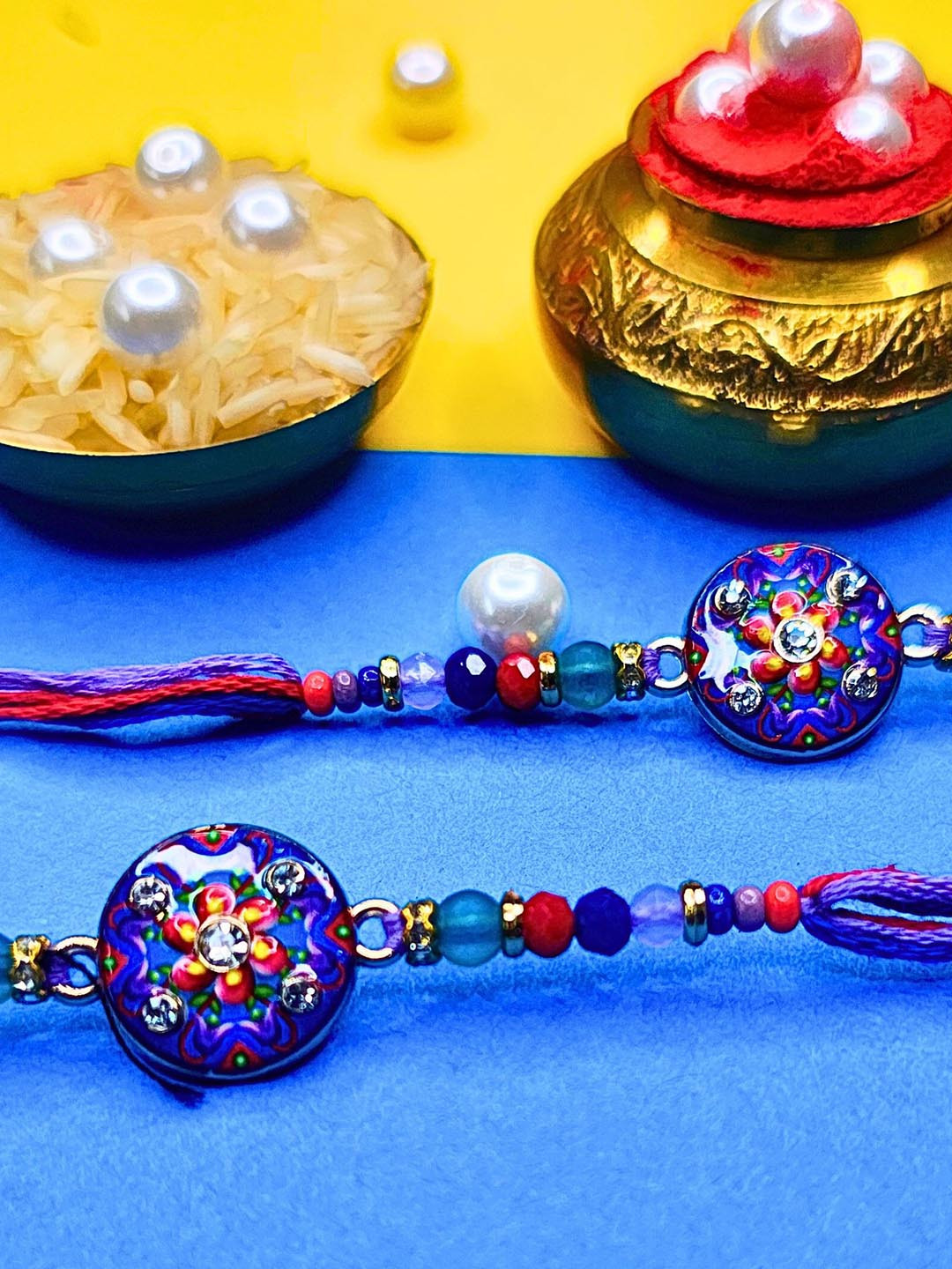MANSIYAORANGE Set Of 2 AD Stones Studded & Beaded Cotton Thread Rakhi