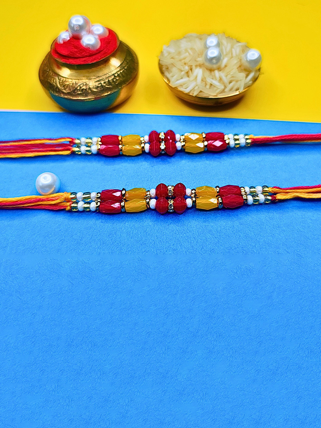 MANSIYAORANGE Set Of 3 Beaded Cotton Thread With AD Stones & Meenakari Thread Rakhi