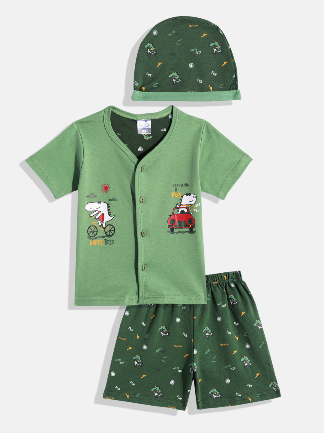 Kidszi Infants Boys Printed Pure Cotton Shirt with Shorts And Cap