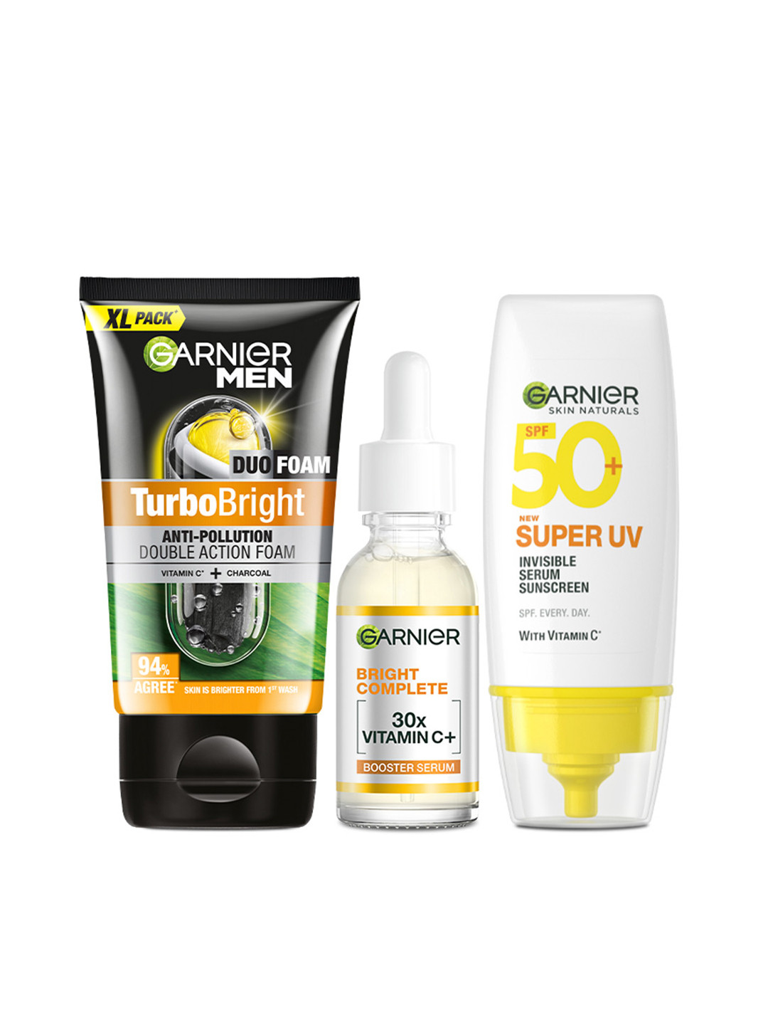 Garnier Game Face- Turbo Bright Face Wash 150g + Day Serum 30ml + Serum Sunscreen 30ml