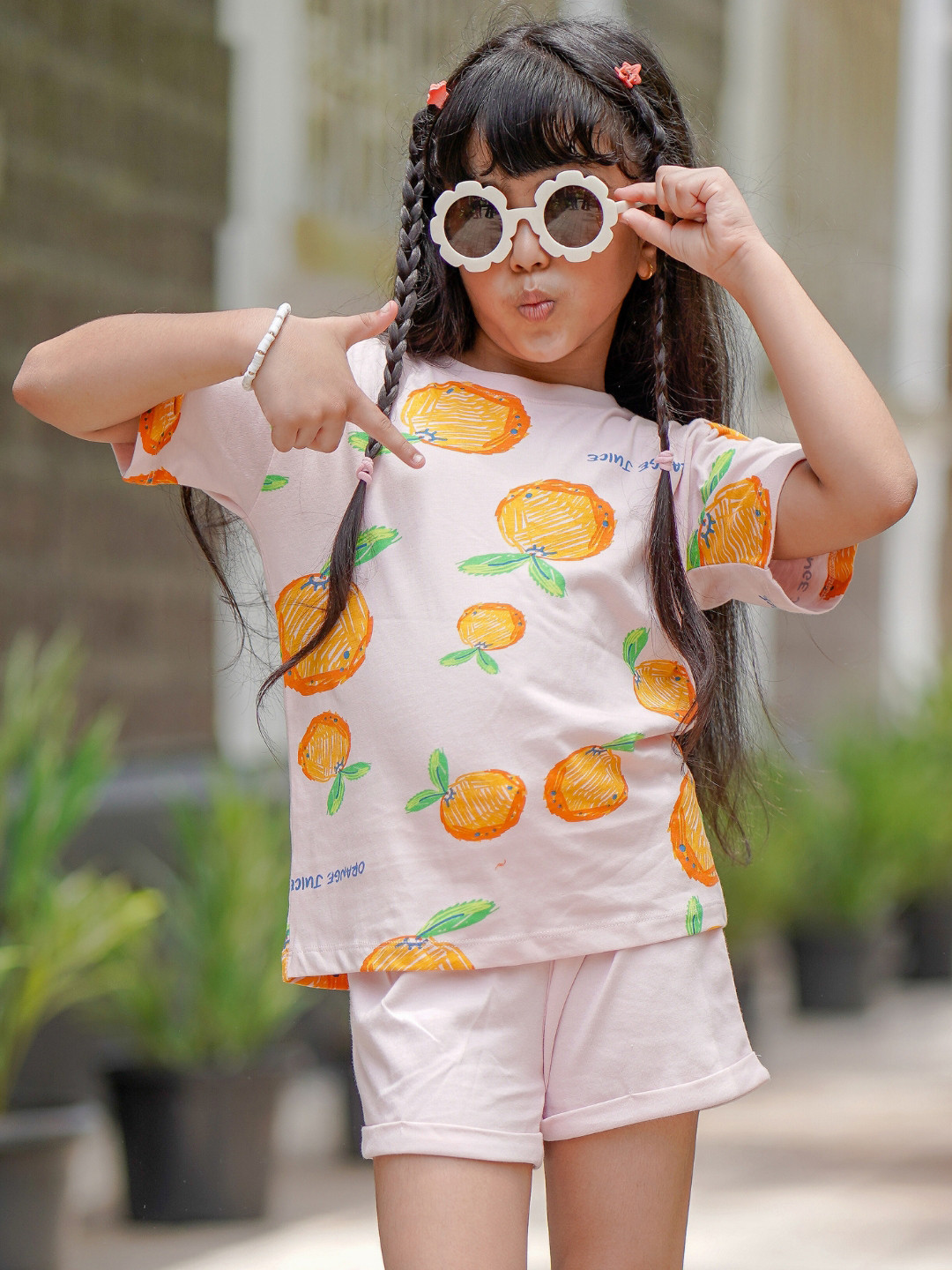 Nap Chief Girls Oranges In Spring Printed Pure Cotton  T-Shirt With Shorts