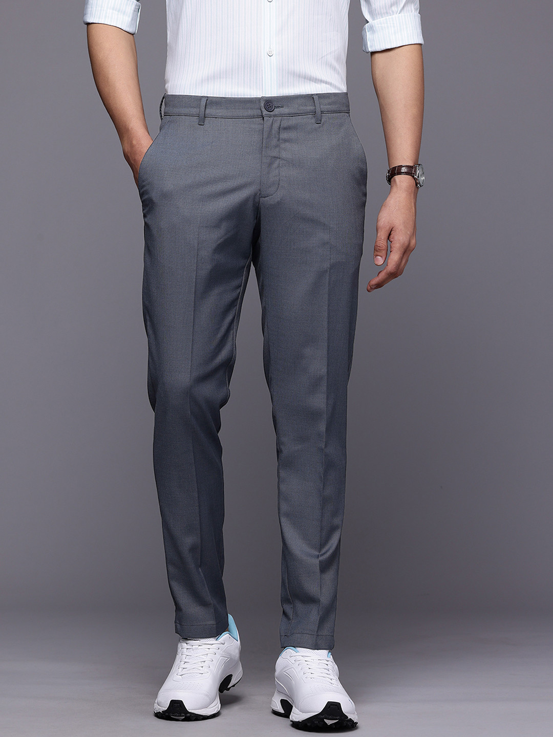 Louis Philippe Ath.Work Men Textured Comfy Tapered Fit Smart Casual Chinos Trousers