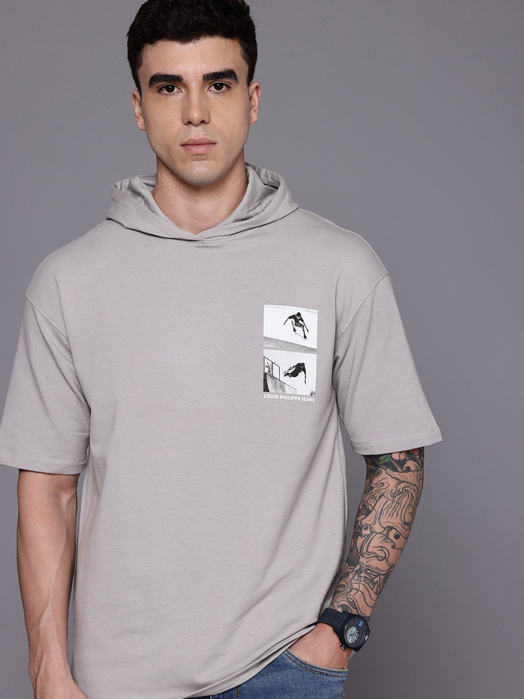 Louis Philippe Jeans Photographic Printed Hooded Drop-Shoulder Sleeves Relaxed Fit T-shirt