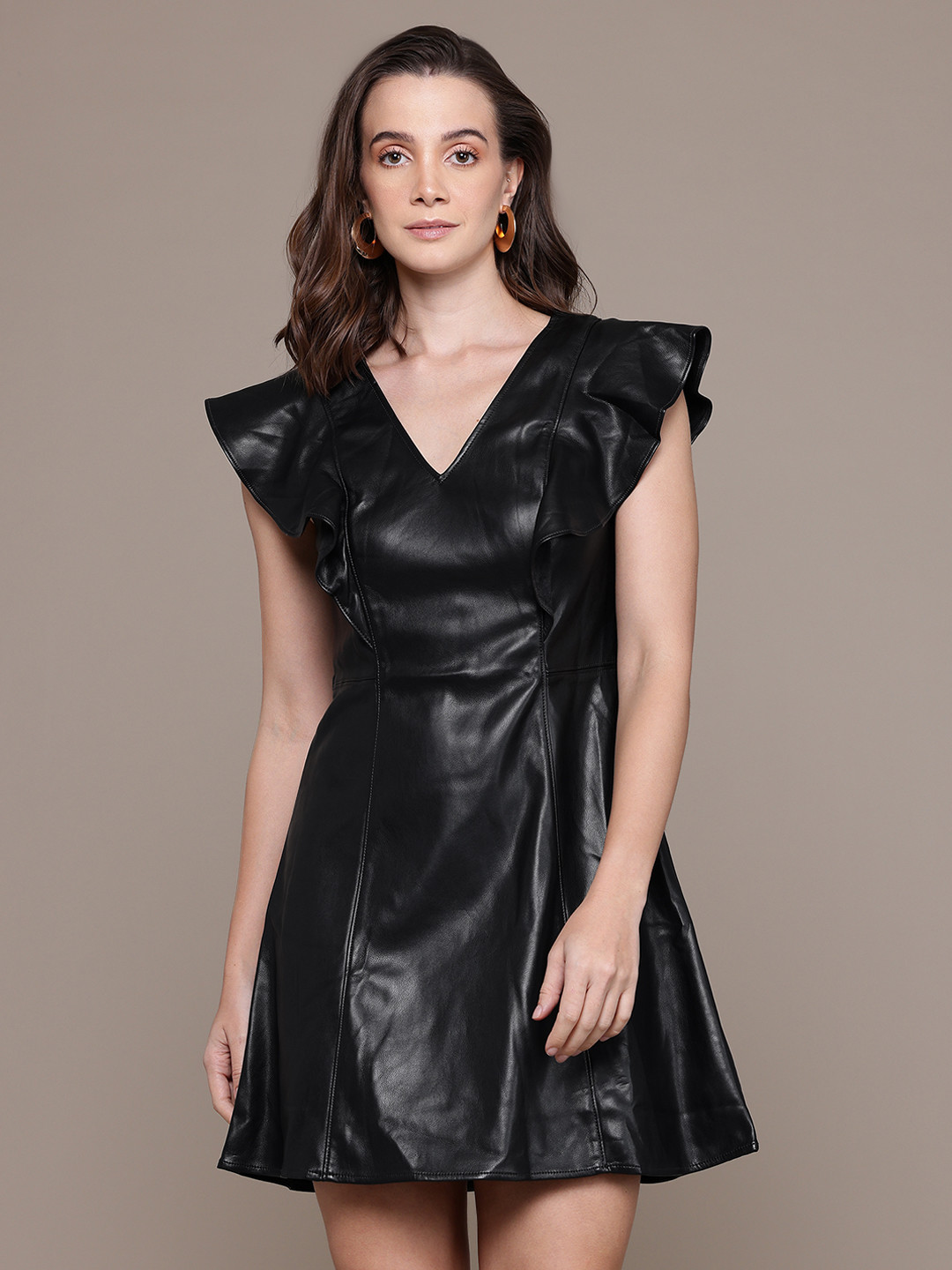 GAP Faux Leather Flutter Sleeve Paneled A-Line Dress