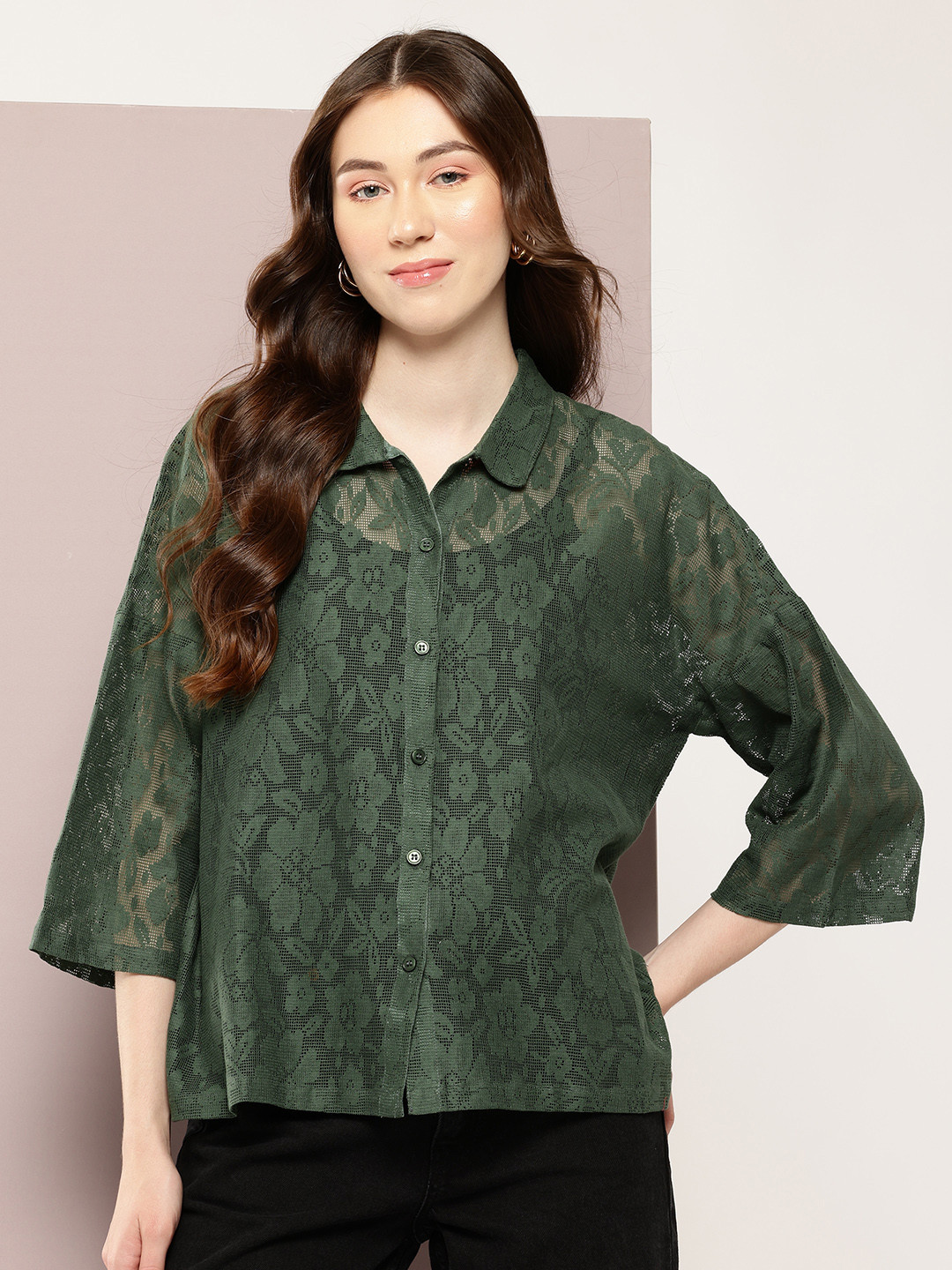 aaliya Floral Self Design Lace Inserted Shirt Style Top