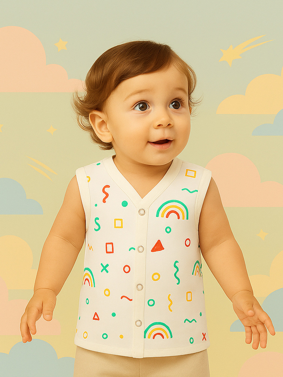 Kidbea Infants Rainbow Printed Pure Bamboo Jhabla Vest Jhabla_Rainbow_03M