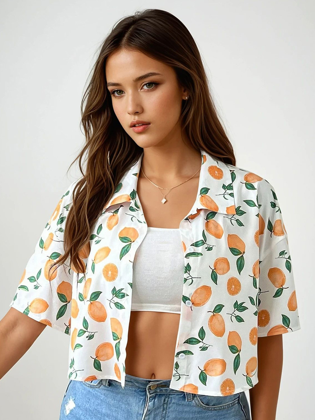 AAHWAN Floral Printed Spread Collar Relaxed Fit Crop Shirt