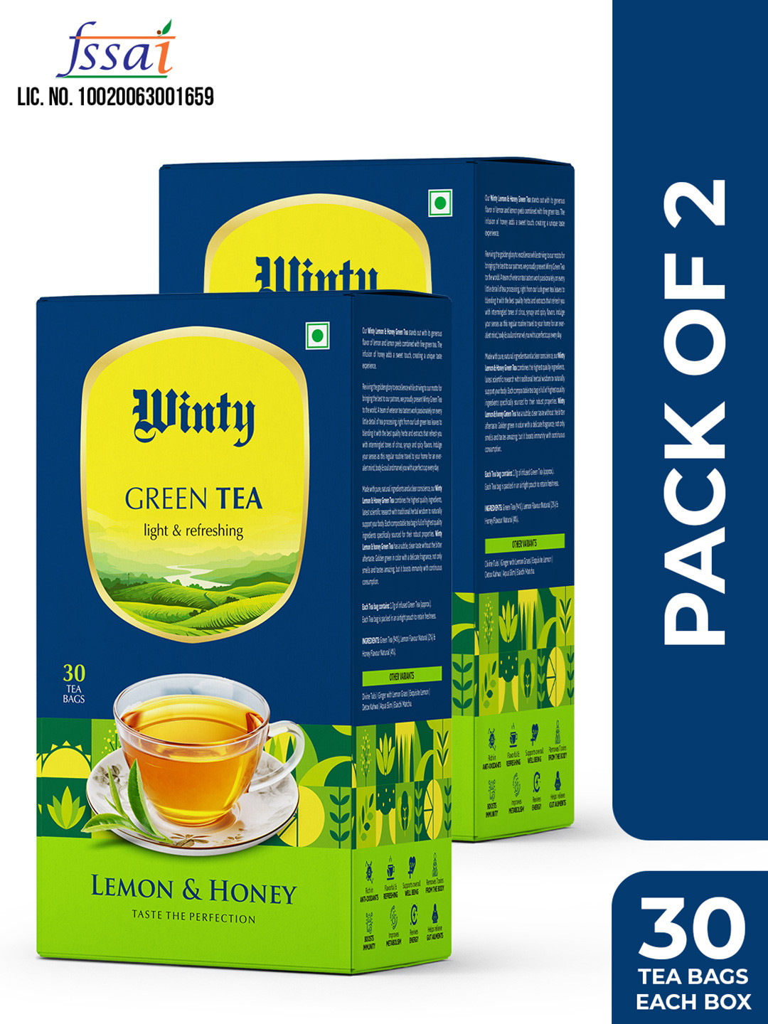 WINTY Pack of 2 Lemon & Honey Herbal Tea Bags Box for Glow & Cough Relief - 30 Bags Each