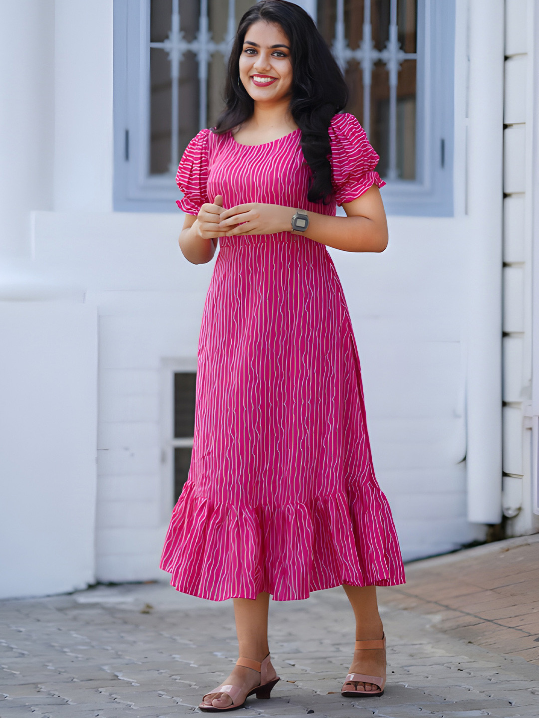 FoxDX Striped Puff Sleeve Layered Georgette Fit & Flare Midi Dress