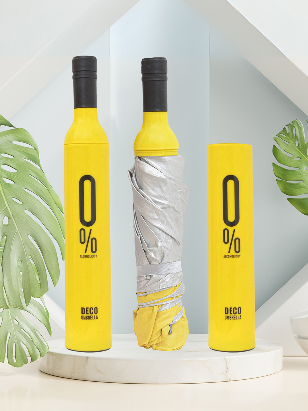 FABINALIV Yellow & White Solid Waterproof 3 Fold Compact Bottle Umbrella