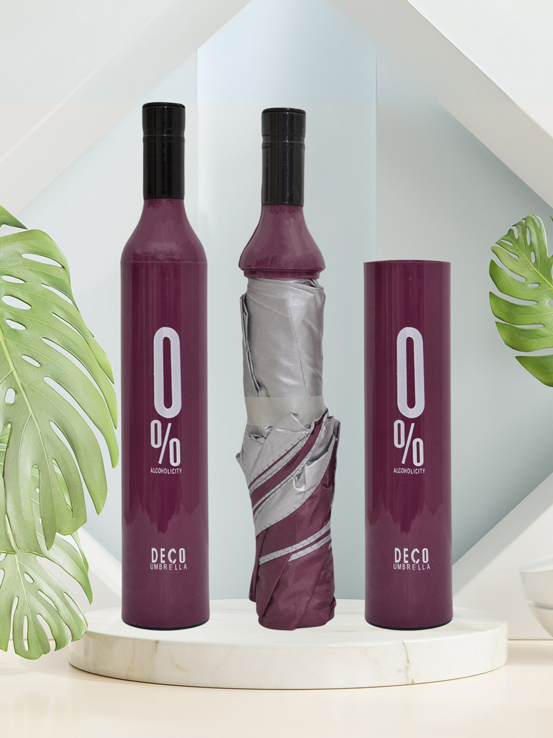 FABINALIV Wine & White Solid Waterproof 3 Fold Compact Bottle Umbrella