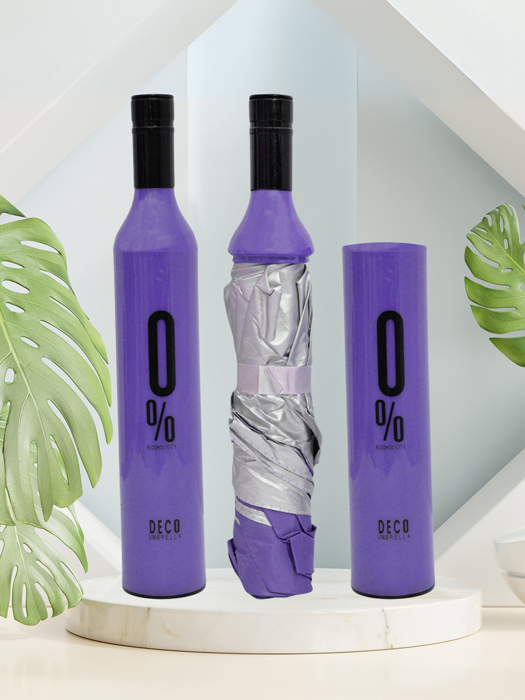 FABINALIV Purple & White Solid Waterproof 3 Fold Compact Bottle Umbrella