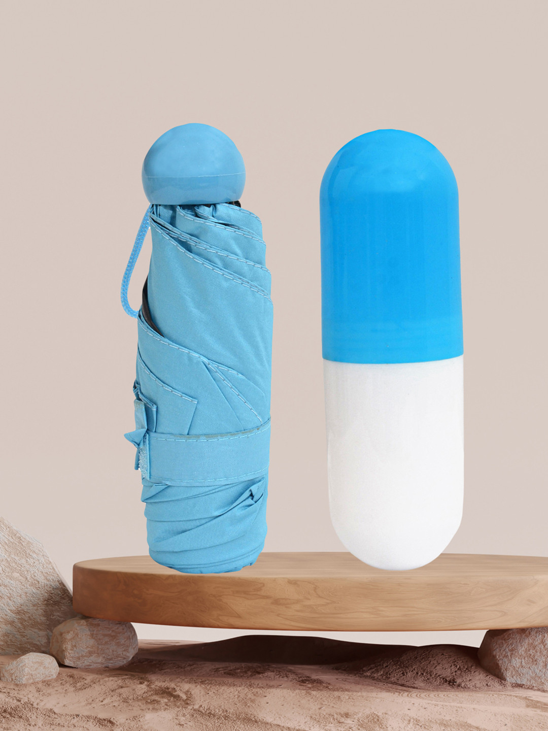 FABINALIV Blue & Black Solid 3 Fold Waterproof Compact Capsule Umbrella