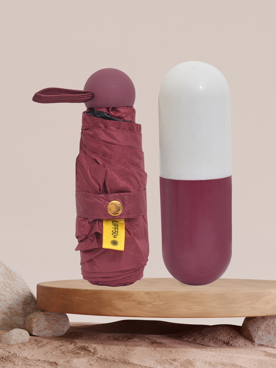 FABINALIV Maroon & Black Solid 3 Fold Waterproof Compact Capsule Umbrella