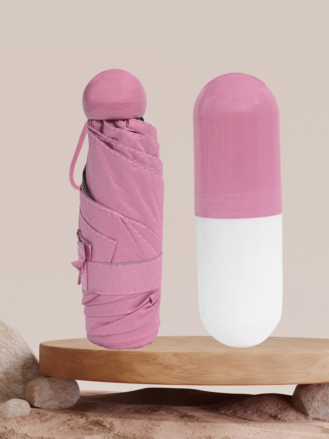 FABINALIV Pink & Black Solid 3 Fold Waterproof Compact Capsule Umbrella