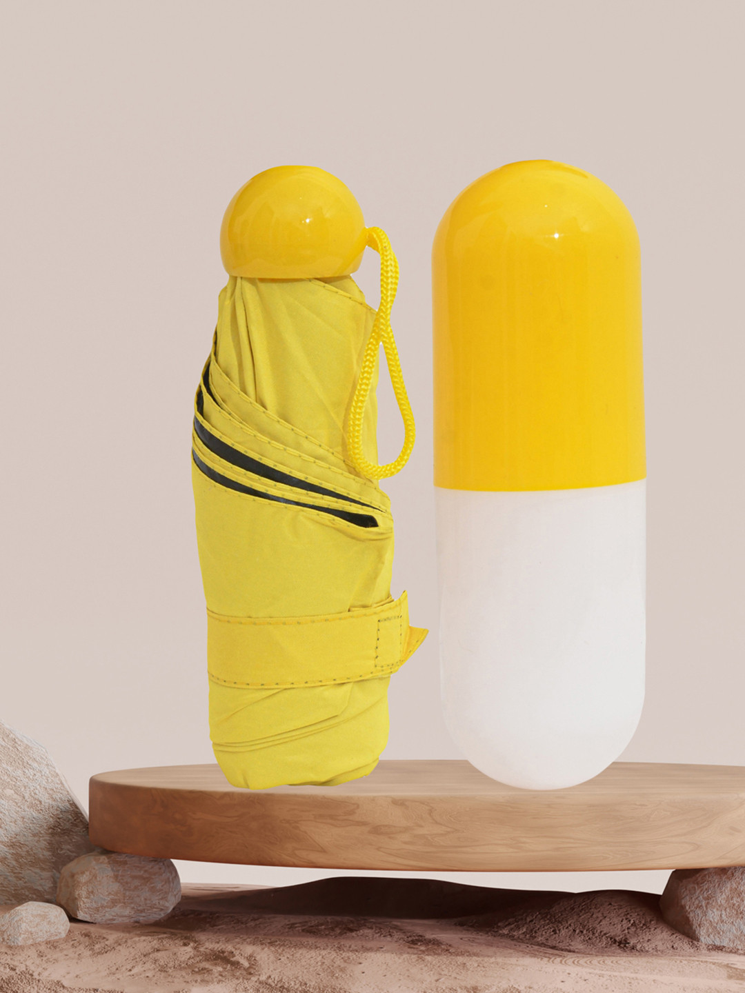 FABINALIV Yellow & Black Solid 3 Fold Waterproof Compact Capsule Umbrella