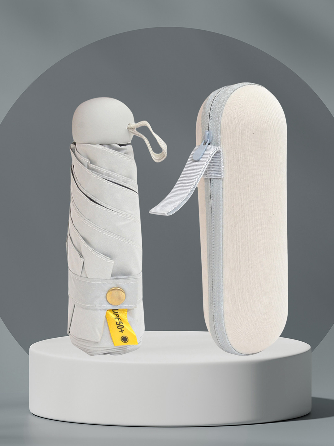 FABINALIV Cream & Black Solid Waterproof 3 Fold Compact Umbrella with Case