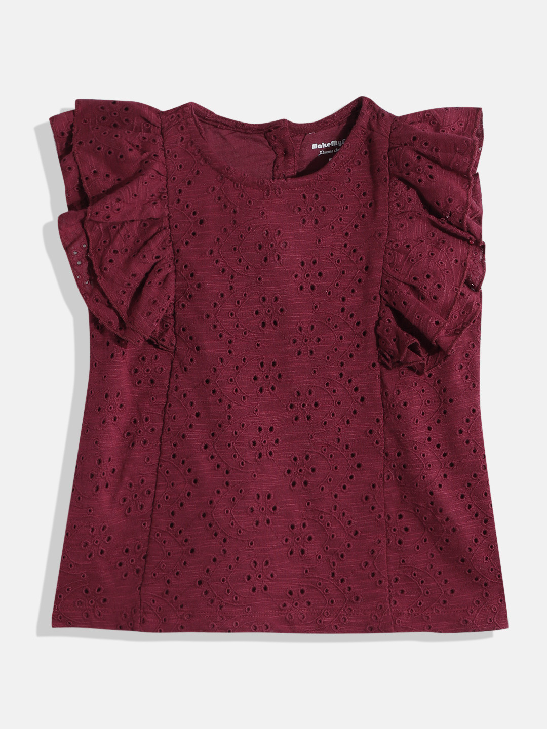 makemyfab Girls Floral Gathers Schiffli Top