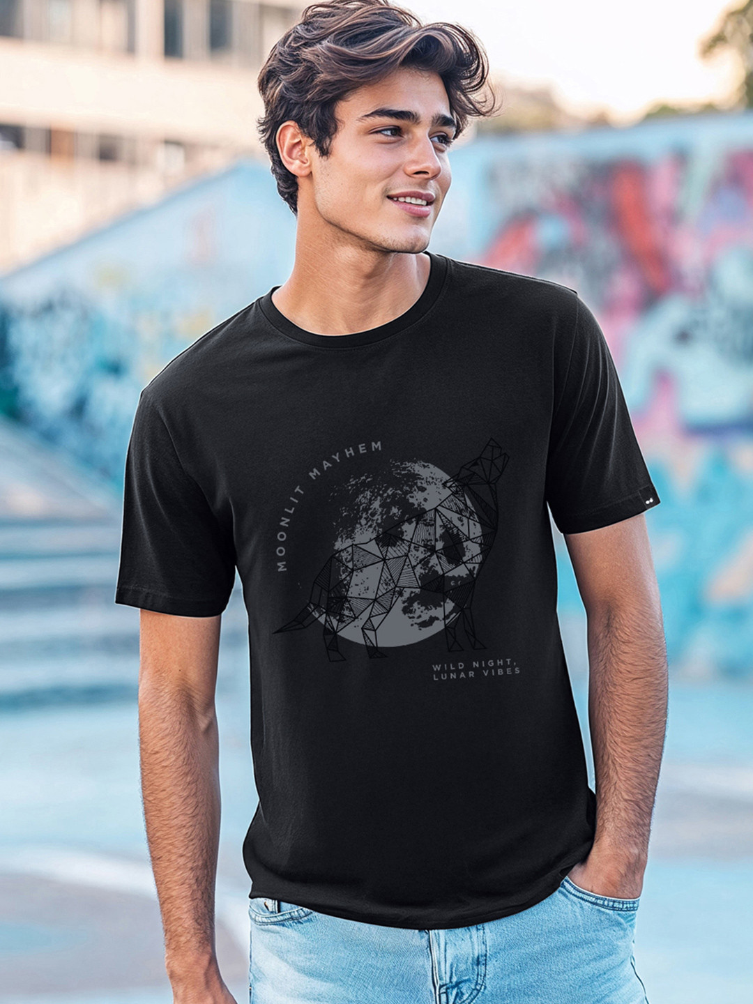 Bewakoof Party Animal Men Black Moon Lit Graphic Printed T-Shirt