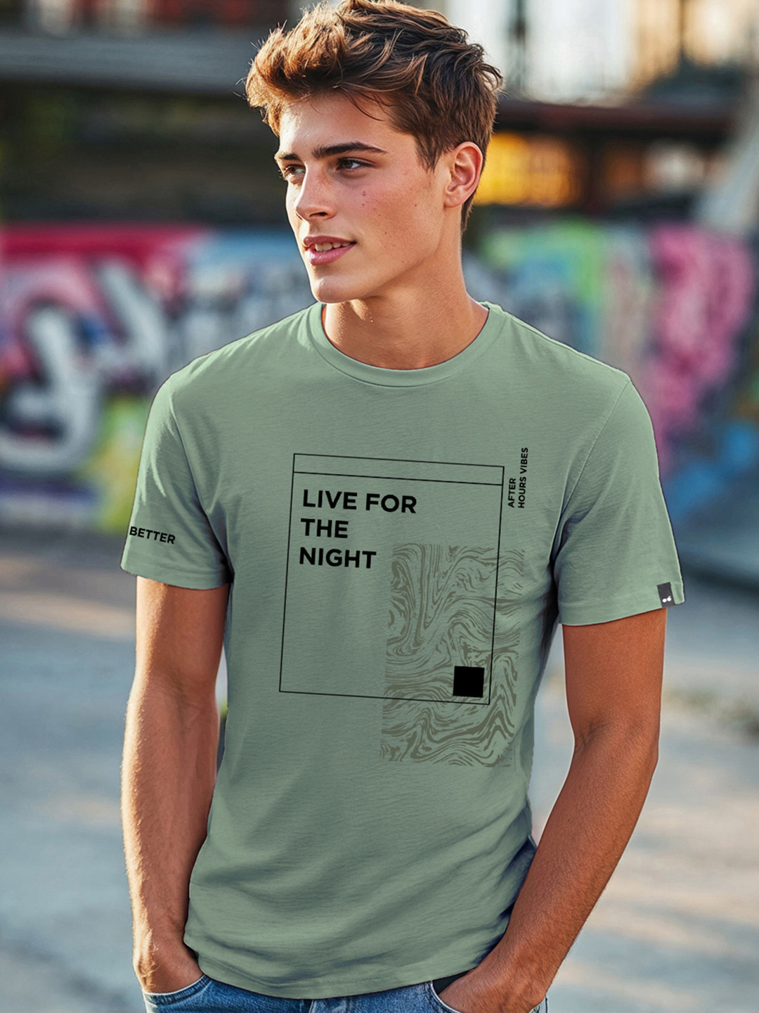 Bewakoof Party Animal Men Olive Green Live For The Night Graphic Printed T-Shirt