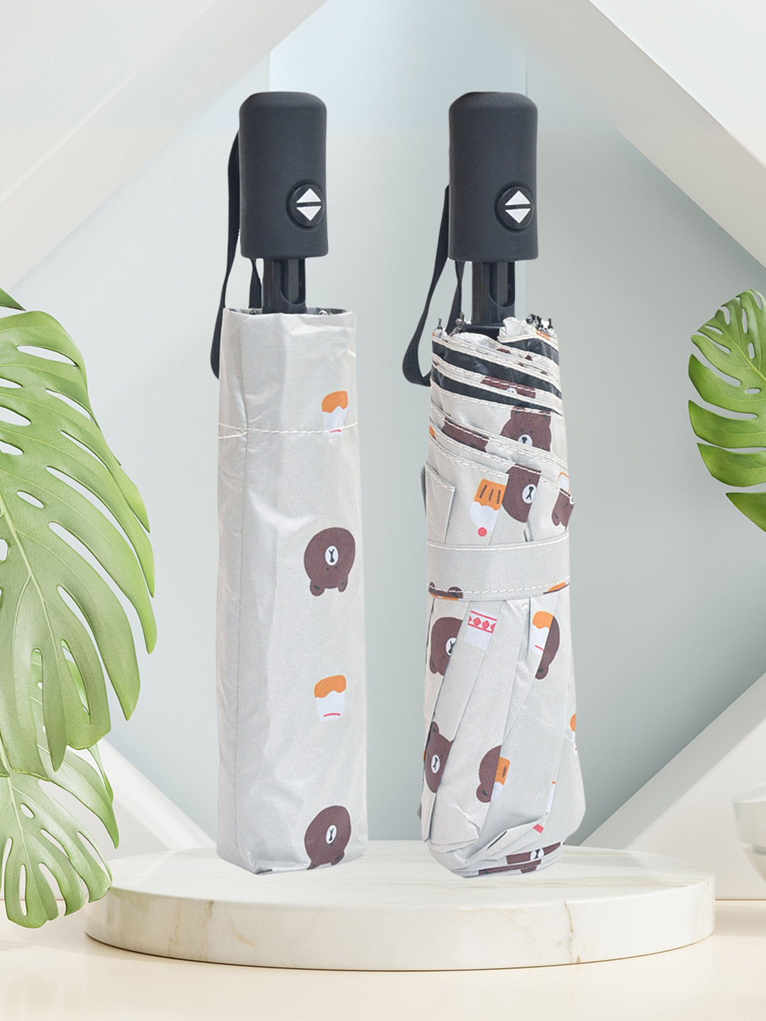 FABINALIV White & Brown Cartoon Print Auto ON/OFF Waterproof Automatic Compact Umbrella