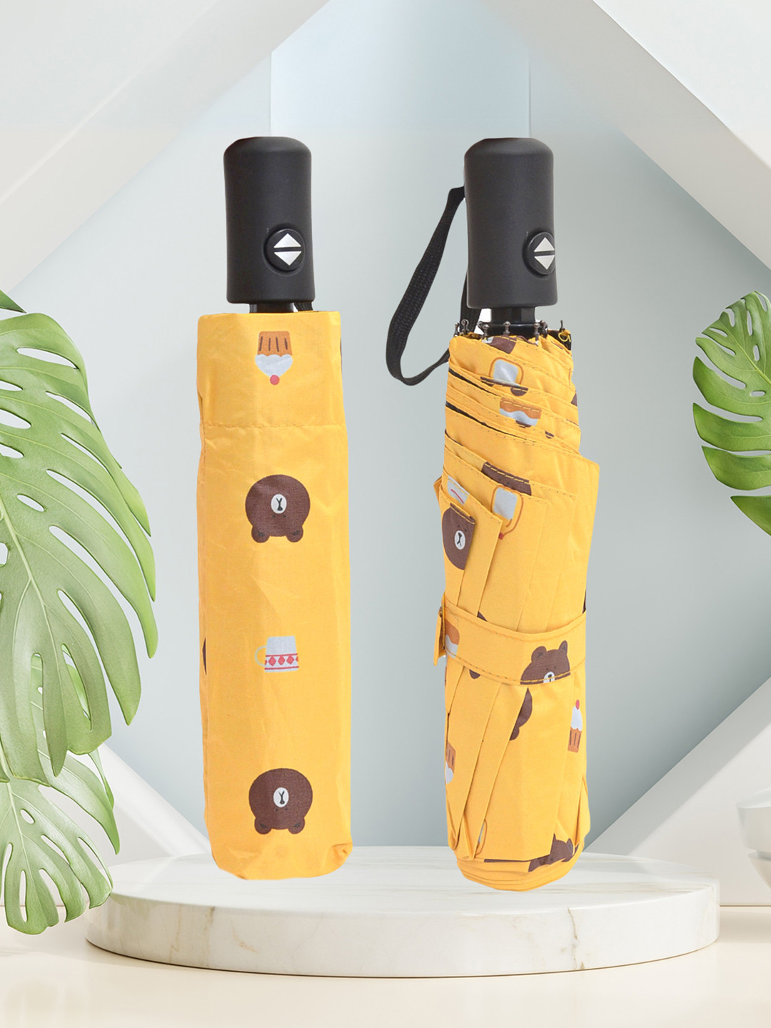 FABINALIV Yellow & Brown Cartoon Print Auto ON/OFF Waterproof Automatic Compact Umbrella