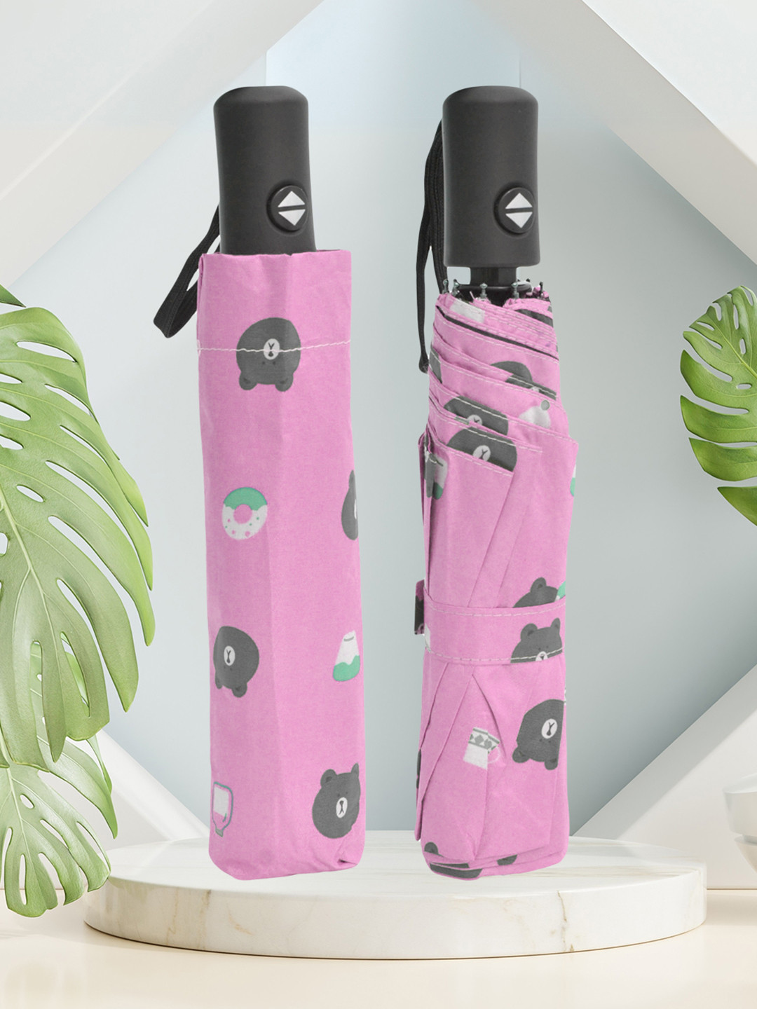 FABINALIV Pink & Black Cartoon Print Auto ON/OFF Waterproof Automatic Compact Umbrella