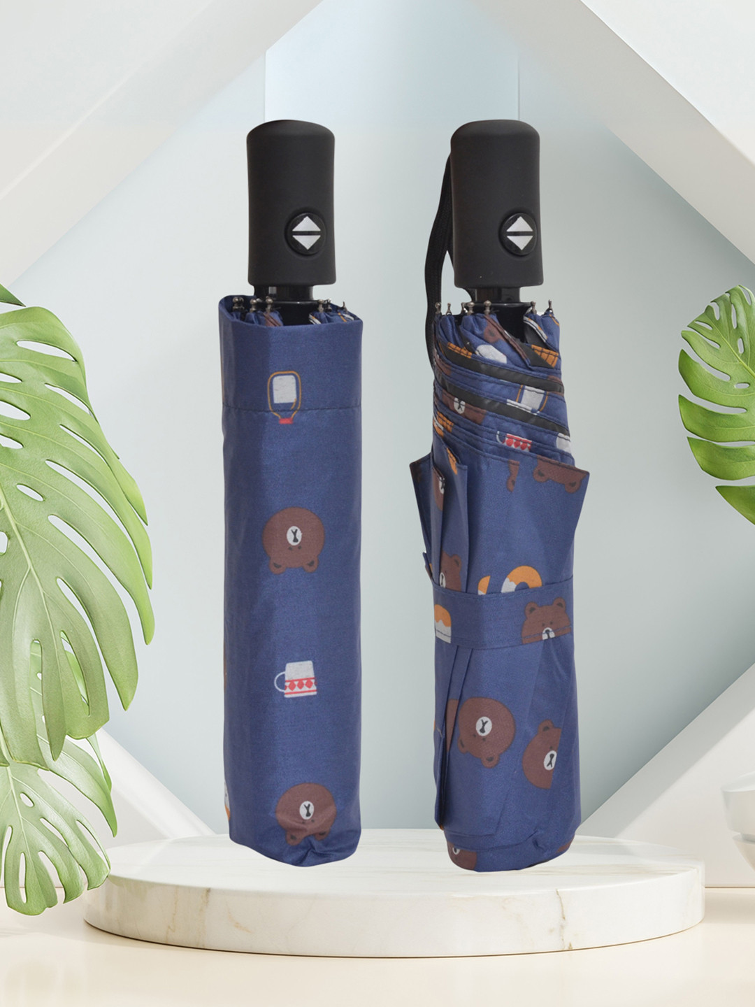 FABINALIV Blue & Brown Cartoon Print Auto ON/OFF Waterproof Automatic Compact Umbrella