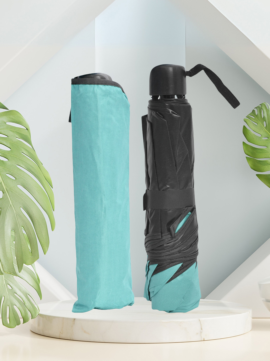 FABINALIV Blue & Black Solid Waterproof Compact 3 Fold Magic Umbrella With Cover