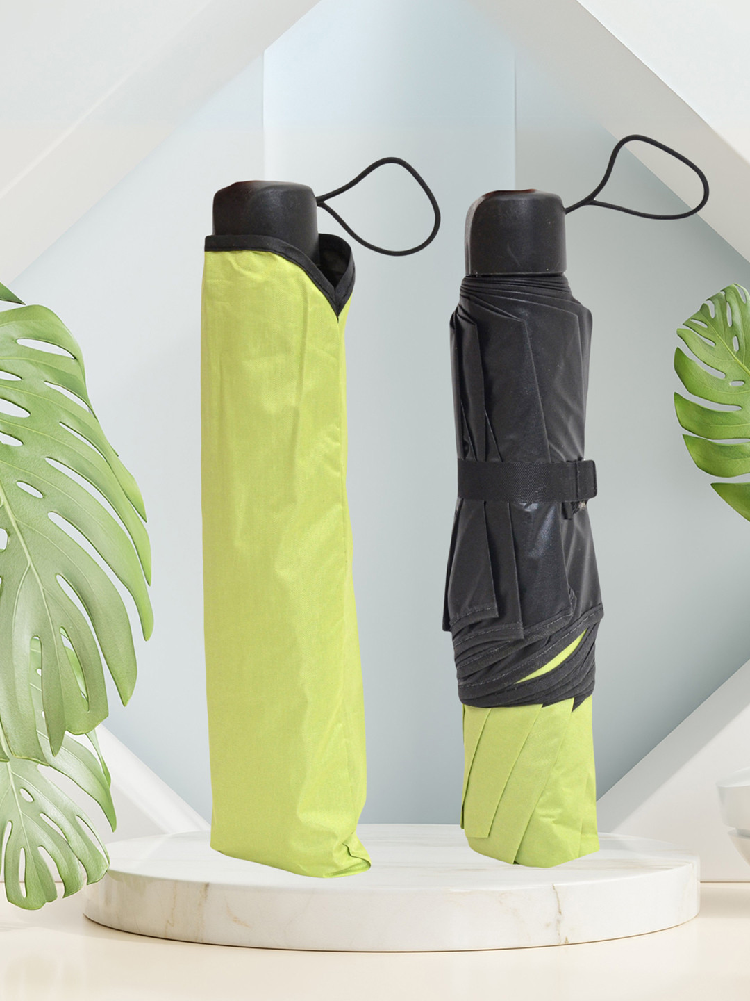 FABINALIV Green & Black Solid Waterproof Compact 3 Fold Magic Umbrella With Cover