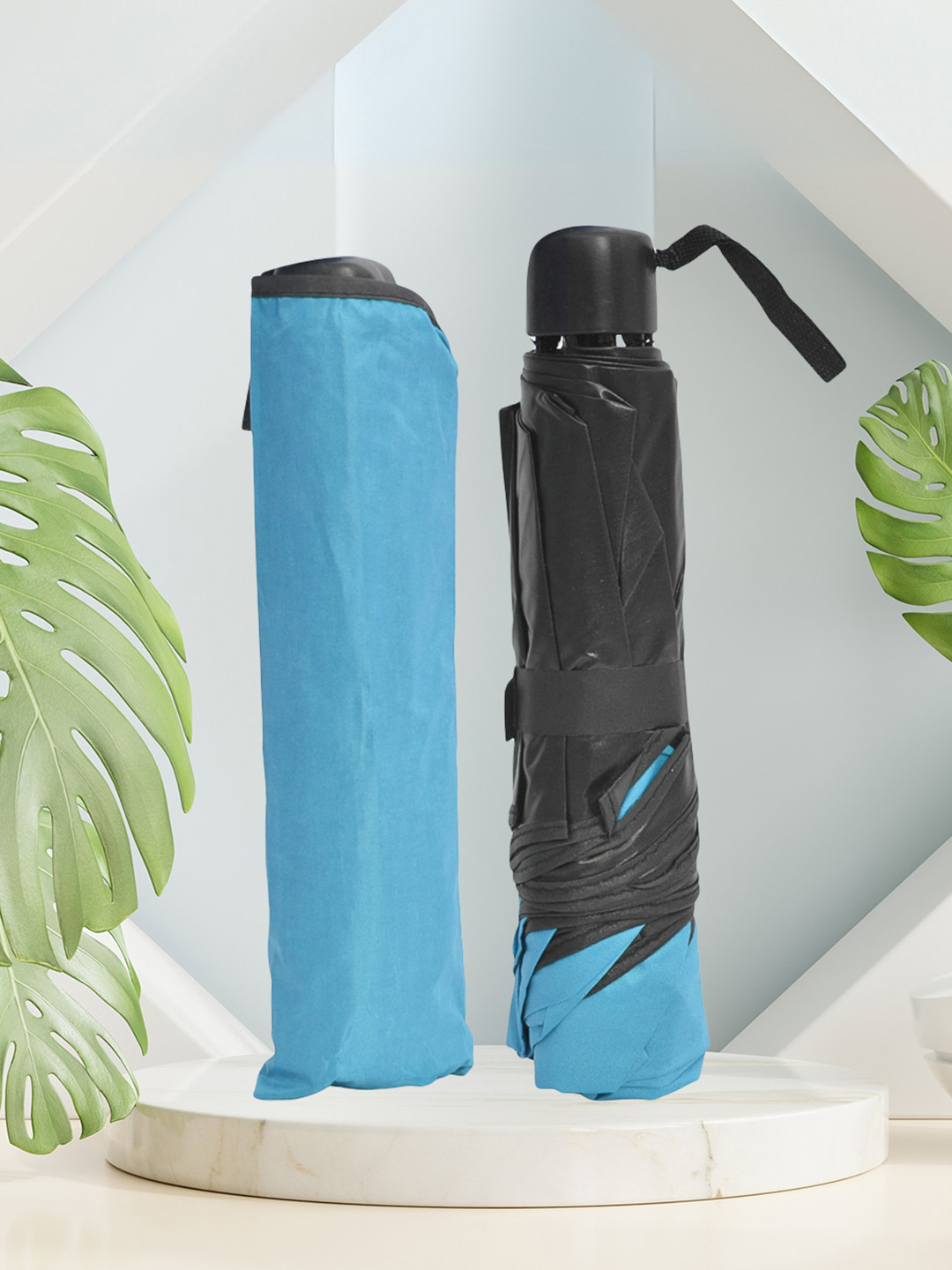 FABINALIV Blue & Black Solid Waterproof Compact 3 Fold Magic Umbrella With Cover