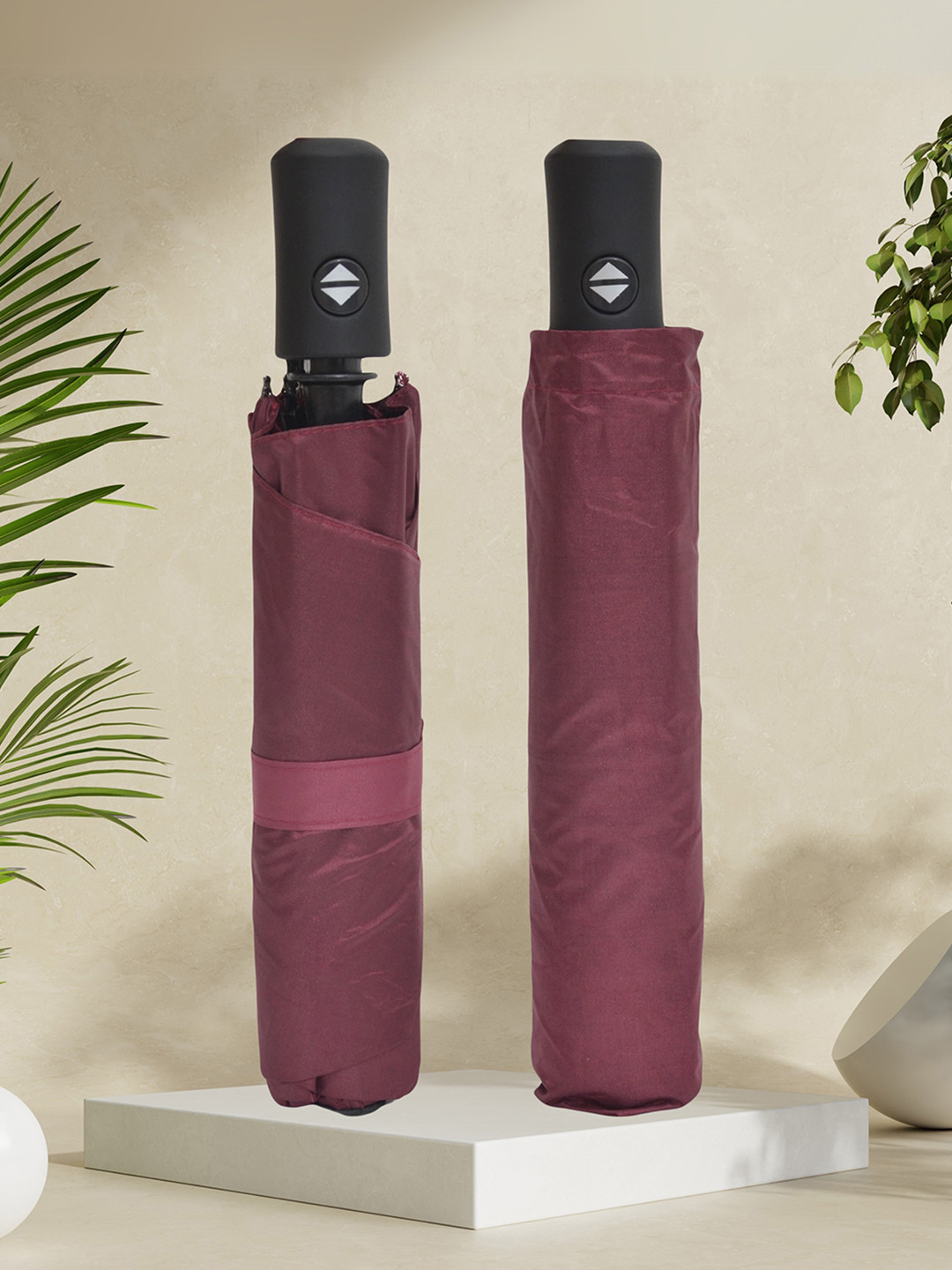 FABINALIV Maroon & Black Solid Auto ON/OFF Waterproof Automatic Compact Umbrella