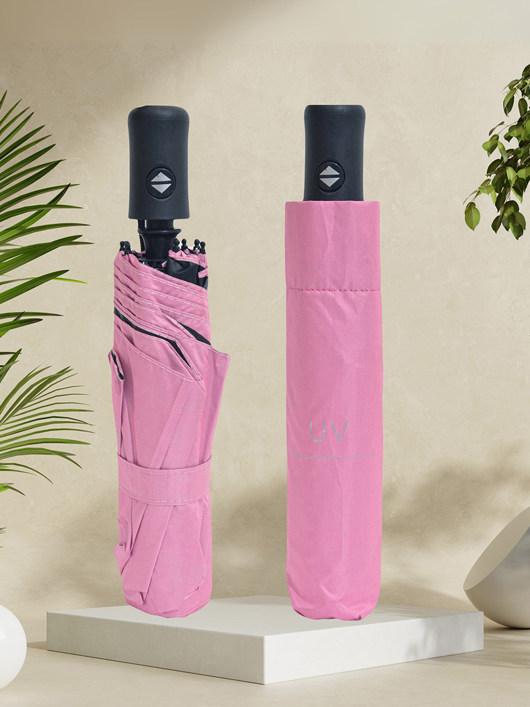FABINALIV Pink & Black Solid Auto ON/OFF Waterproof Automatic Compact Umbrella