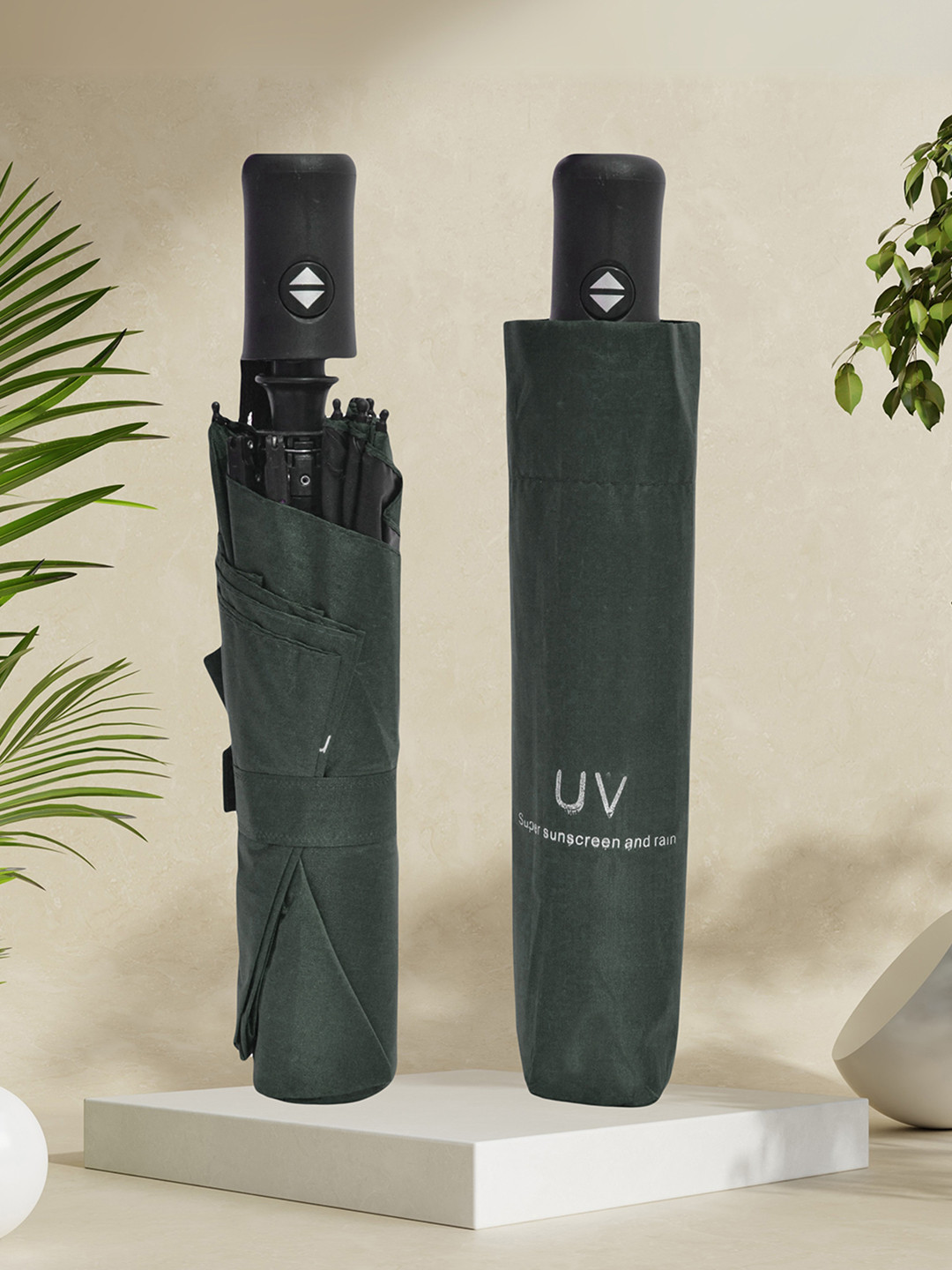FABINALIV Green & Black Solid Auto ON/OFF Waterproof Automatic Compact Umbrella