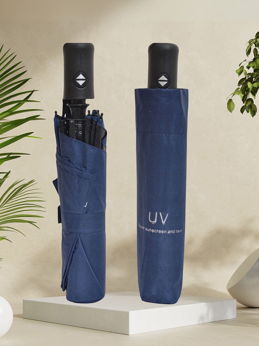 FABINALIV Blue & Black Solid Auto ON/OFF Waterproof Automatic Compact Umbrella