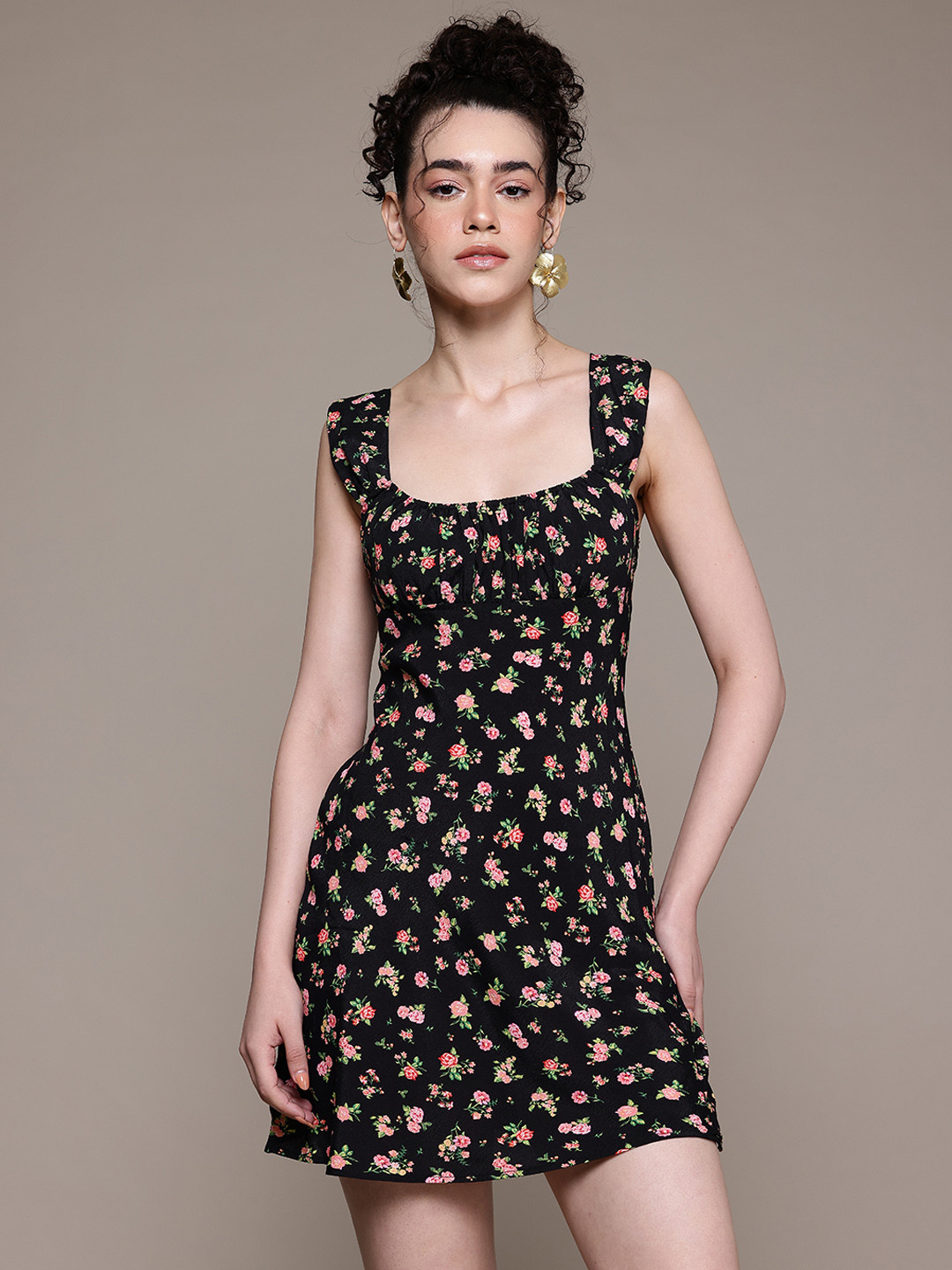 MANGO Floral Print Square Neck A-Line Mini Dress
