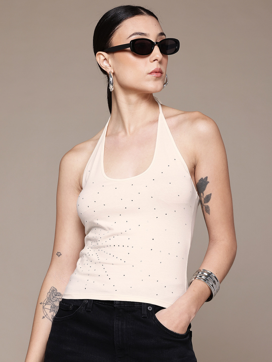 MANGO Halter Neck Sleeveless Studded Top