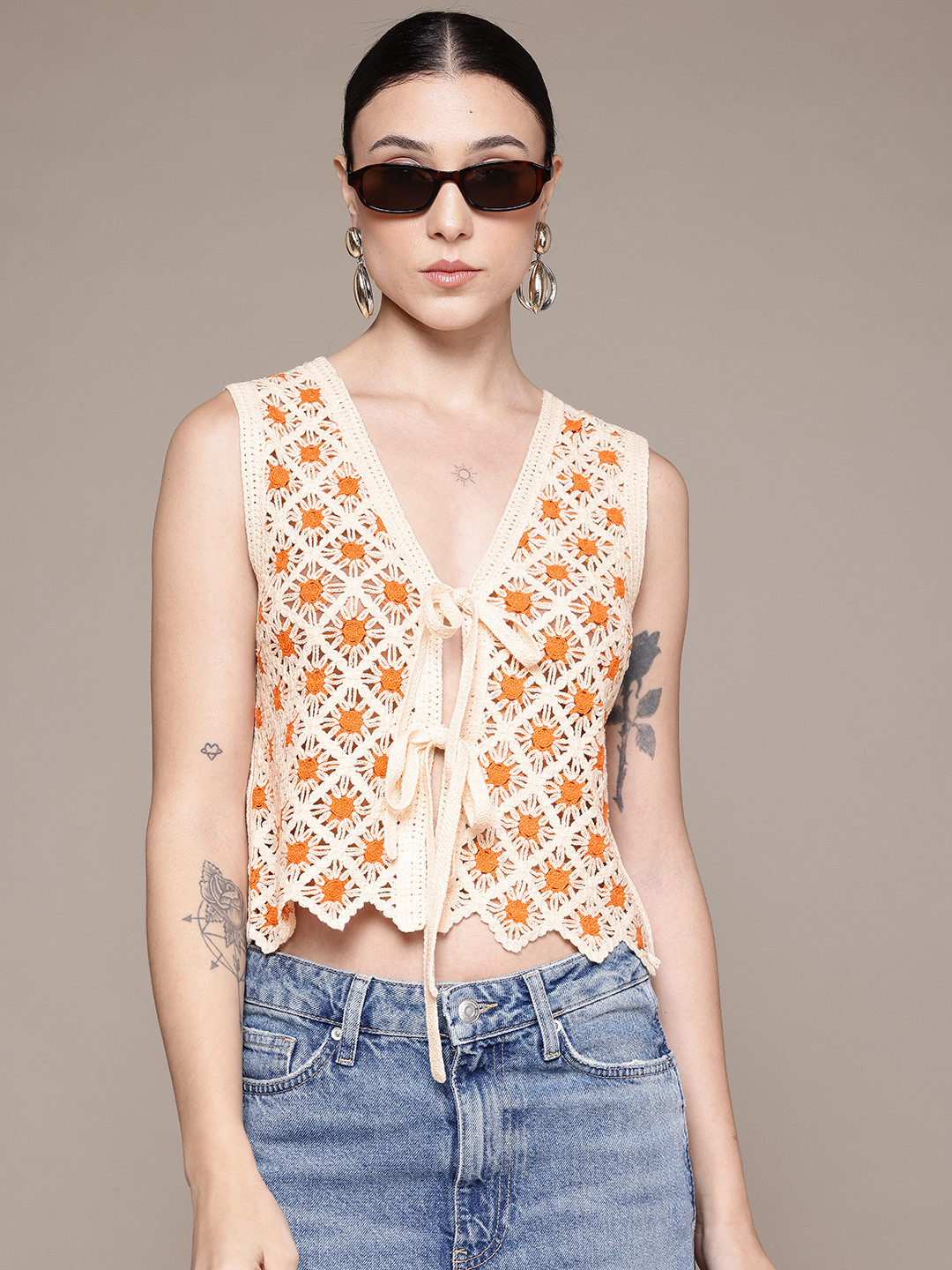 MANGO Floral Front-Open Semi-Sheer Crochet Top