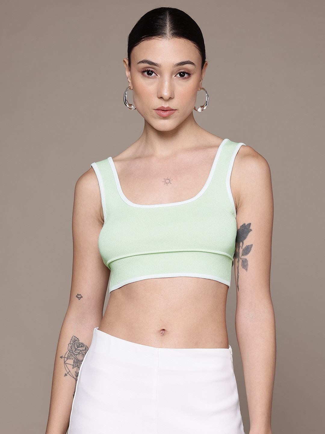 MANGO Scoop Neck Knitted Super Crop Fitted Top with Contrasting Edges