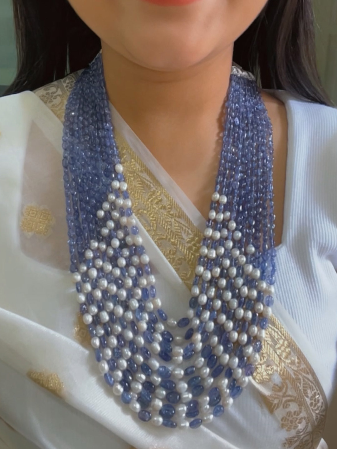 Raj Gems Natural Tanzanite & Pearls Gemstone Beads Necklace