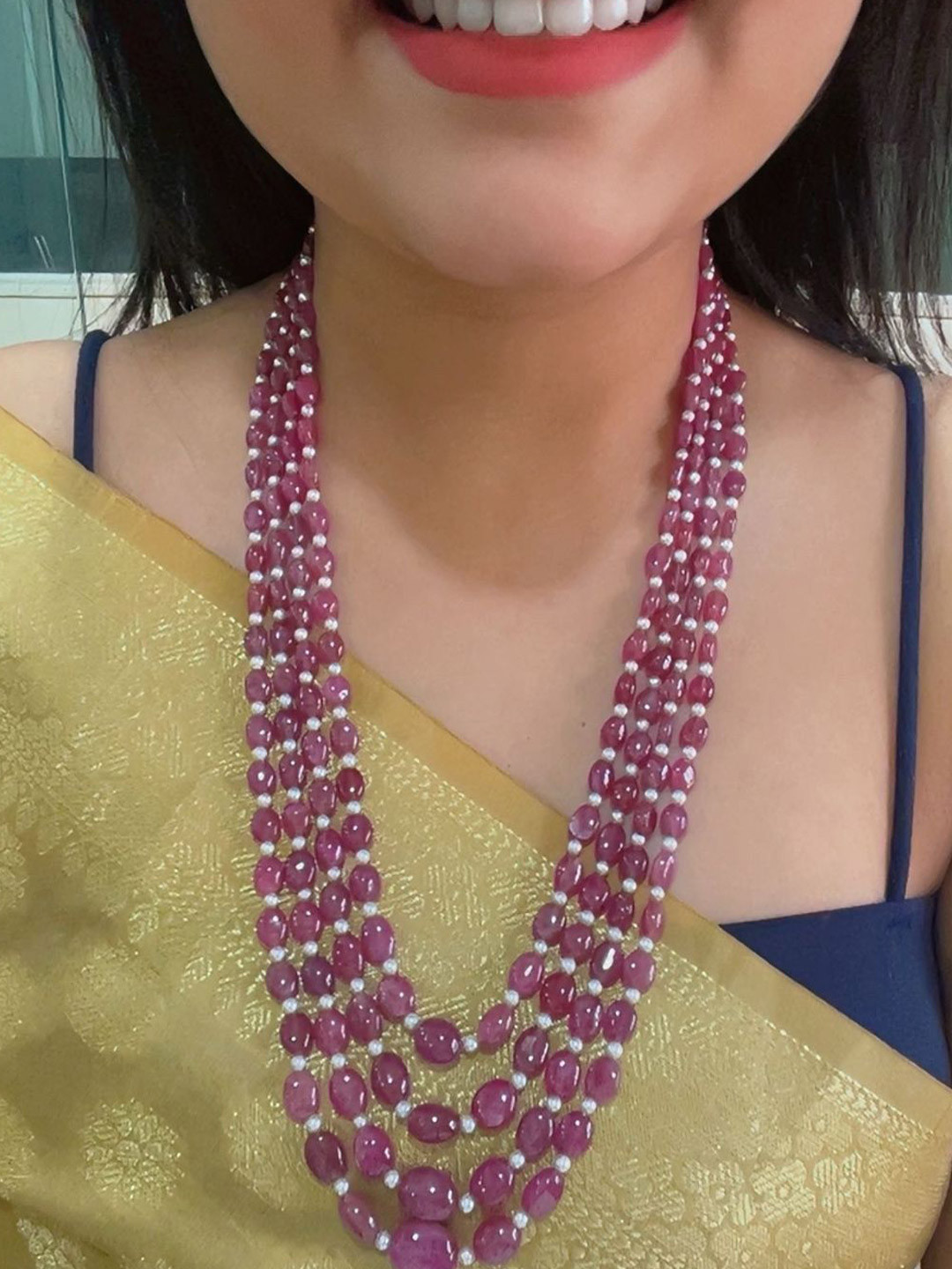 Raj Gems Natural Ruby & Pearl Gemstone Beads Layered Necklace