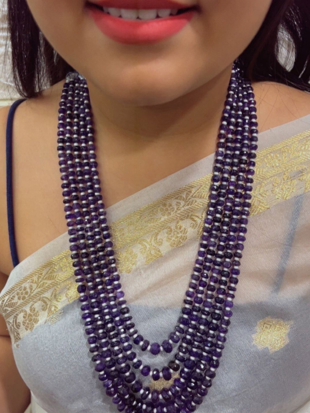 Raj Gems Natural Amethyst & Pearl Gemstone Beads Layered Necklace