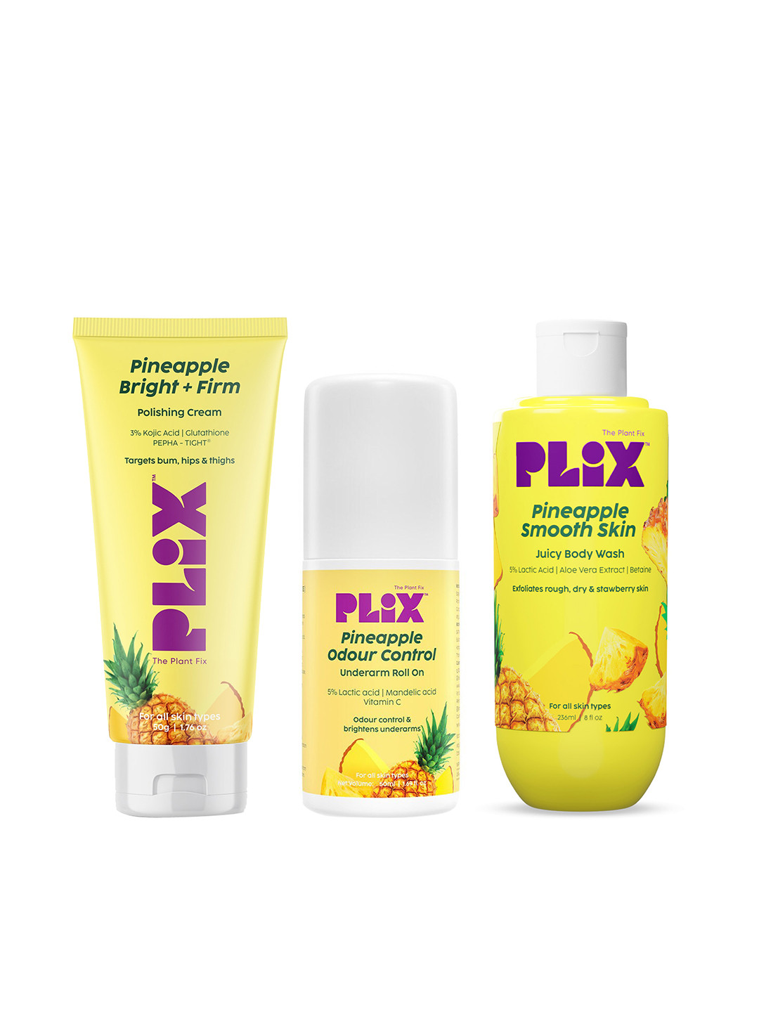 PLIX THE PLANT FIX Set of Pineapple Roll-On 50ml + Polishing Cream 50g + Body Wash 236ml
