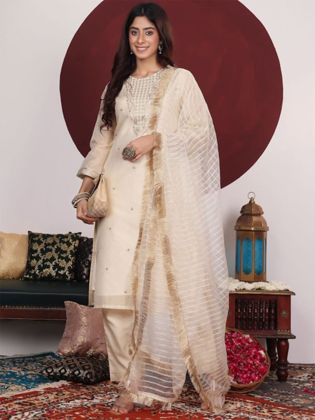 Varanga Women Floral Woven Design Thread Work Kurta with Trousers & Dupatta