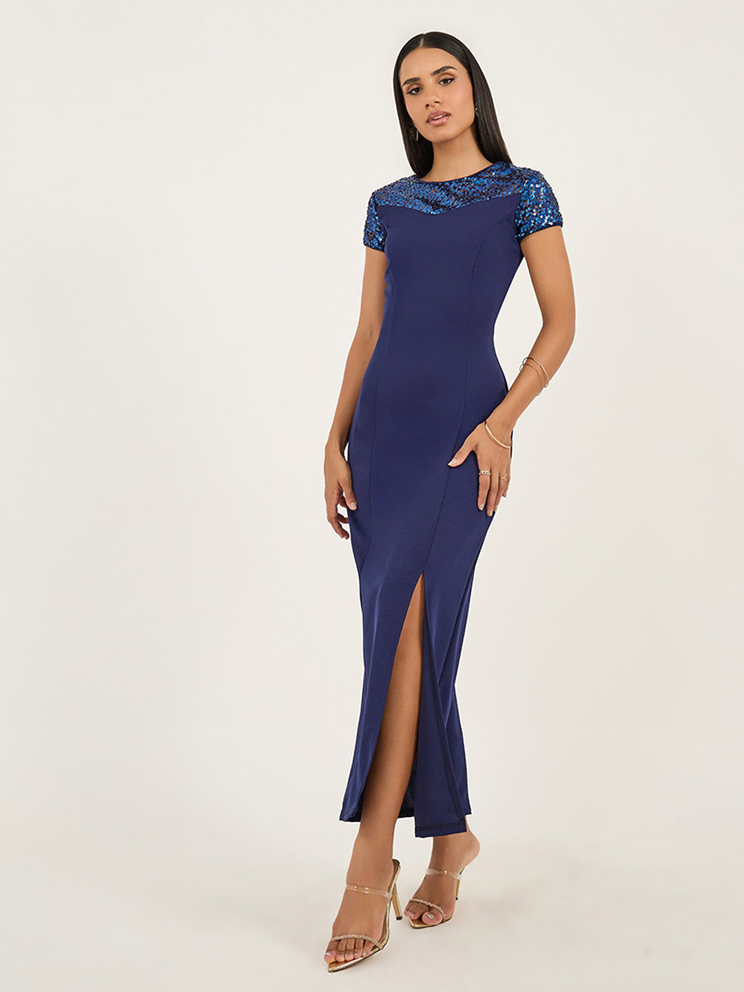 Miss Chase Women Navy Blue Solid Bodycon Maxi Dress