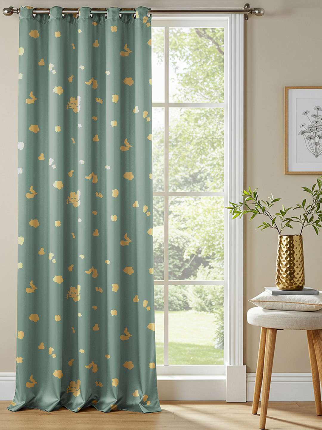 URBAN SPACE Green & Yellow Abstract Printed Cotton Black Out Long Door Curtain